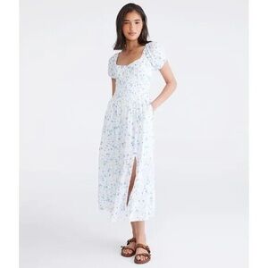 Elegant Floral Midi Dress in White and Blue